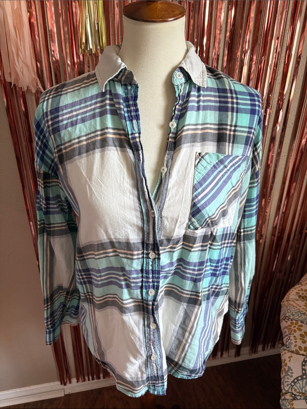 Forever 21 Mint Green Blue and White Plaid Button-Down Shirt